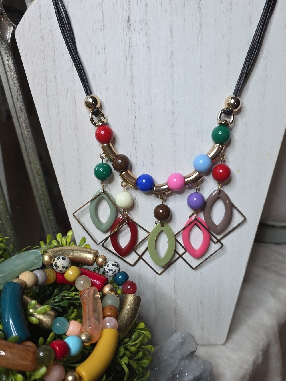 Colorful Multi-Bead Statement Necklace and Bracelet Set - Pink, Red, Green, Blue